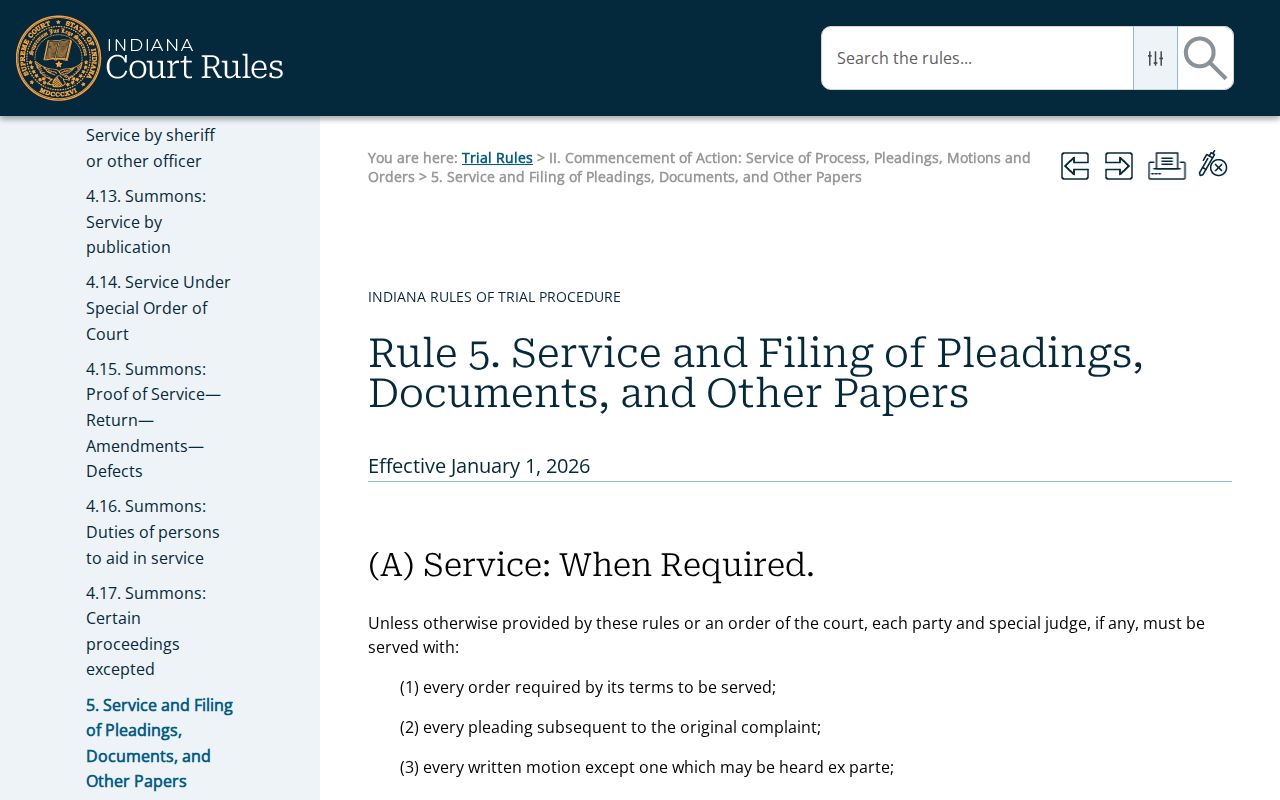 Hancock County civil docket Trial Rule 5 filing privacy